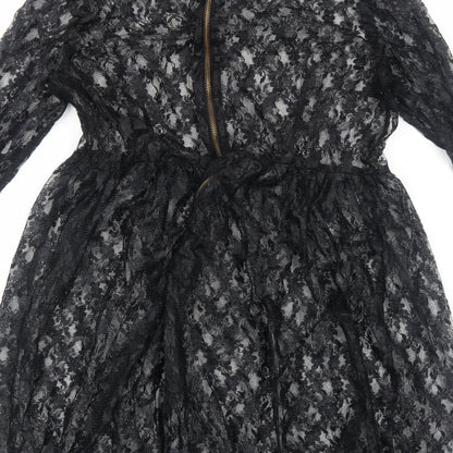 Preworn Womens Black Floral Polyester Skater Dress Size M Round Neck Zip