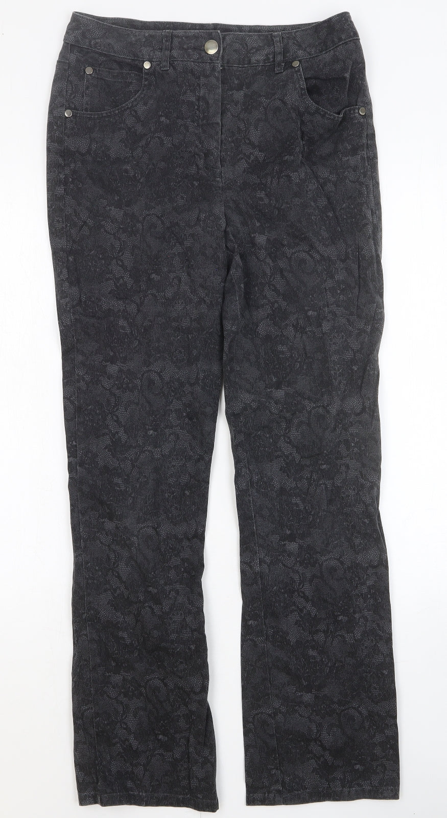 Isle Womens Black Floral Cotton Straight Jeans Size 10 Slim Button