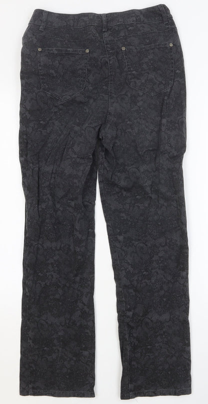 Isle Womens Black Floral Cotton Straight Jeans Size 10 Slim Button