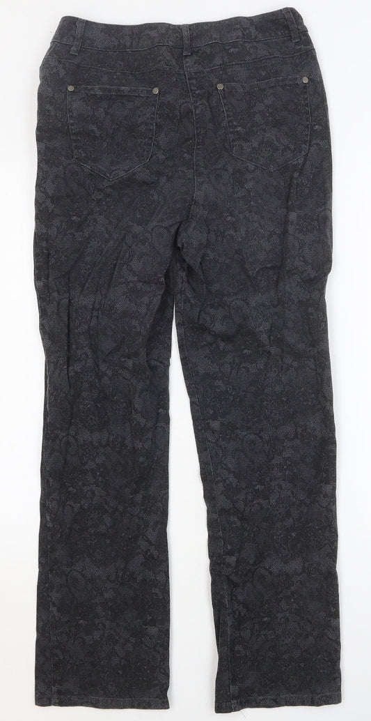 Isle Womens Black Floral Cotton Straight Jeans Size 10 Slim Button