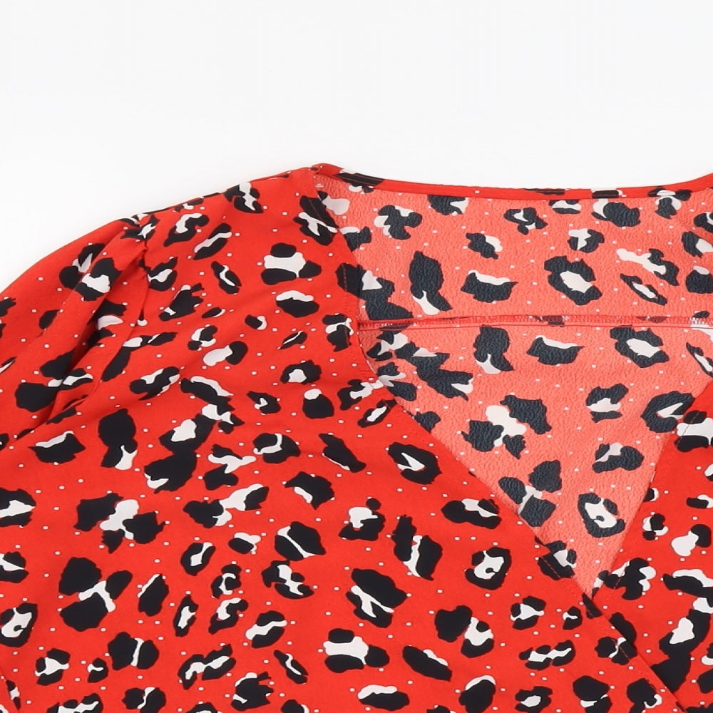 Very Womens Red Animal Print Polyester Wrap Blouse Size 18 V-Neck - Leopard Print Cropped