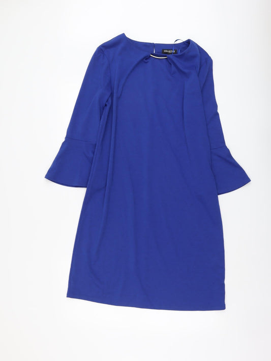 Debenhams Womens Blue Polyester Shift Size 12 Boat Neck Button - Necklace Detail, Bell Sleeve