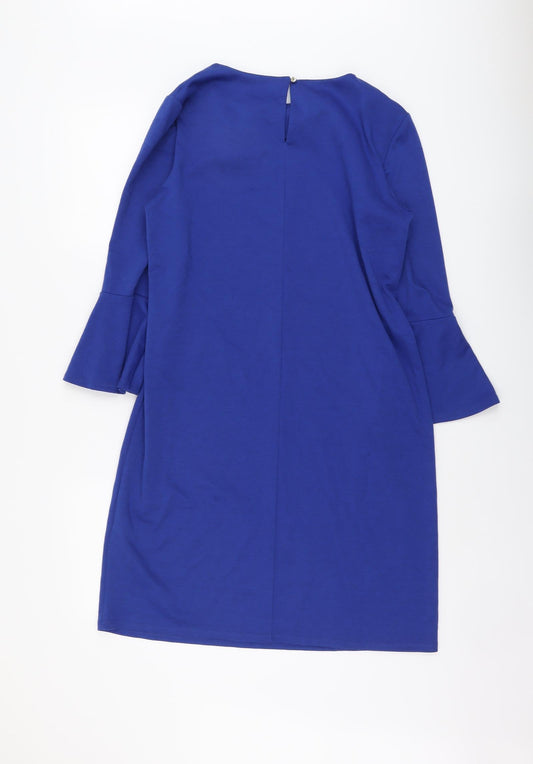 Debenhams Womens Blue Polyester Shift Size 12 Boat Neck Button - Necklace Detail, Bell Sleeve
