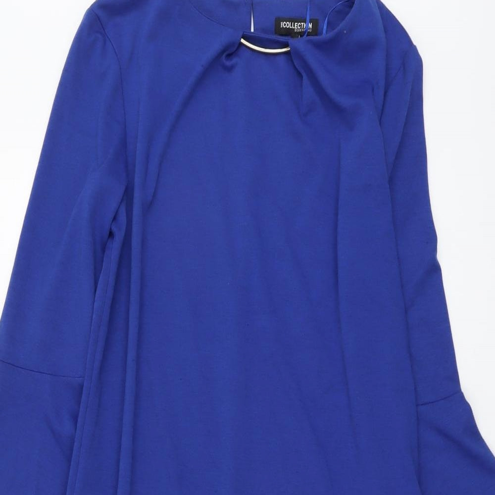 Debenhams Womens Blue Polyester Shift Size 12 Boat Neck Button - Necklace Detail, Bell Sleeve