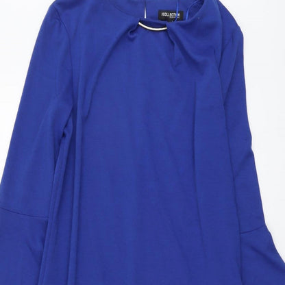 Debenhams Womens Blue Polyester Shift Size 12 Boat Neck Button - Necklace Detail, Bell Sleeve
