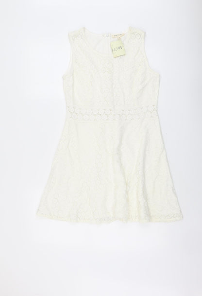 Rebellion Womens Ivory Floral Cotton Skater Dress Size M Scoop Neck Zip