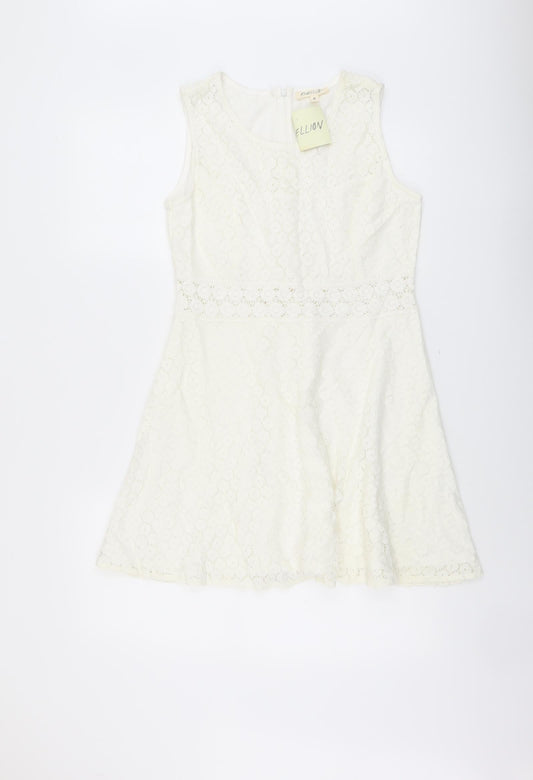 Rebellion Womens Ivory Floral Cotton Skater Dress Size M Scoop Neck Zip