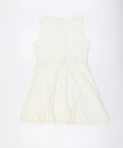 Rebellion Womens Ivory Floral Cotton Skater Dress Size M Scoop Neck Zip