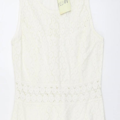 Rebellion Womens Ivory Floral Cotton Skater Dress Size M Scoop Neck Zip