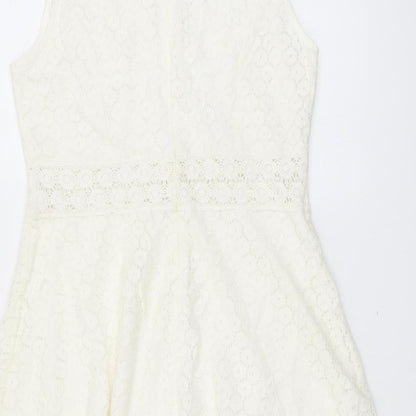 Rebellion Womens Ivory Floral Cotton Skater Dress Size M Scoop Neck Zip