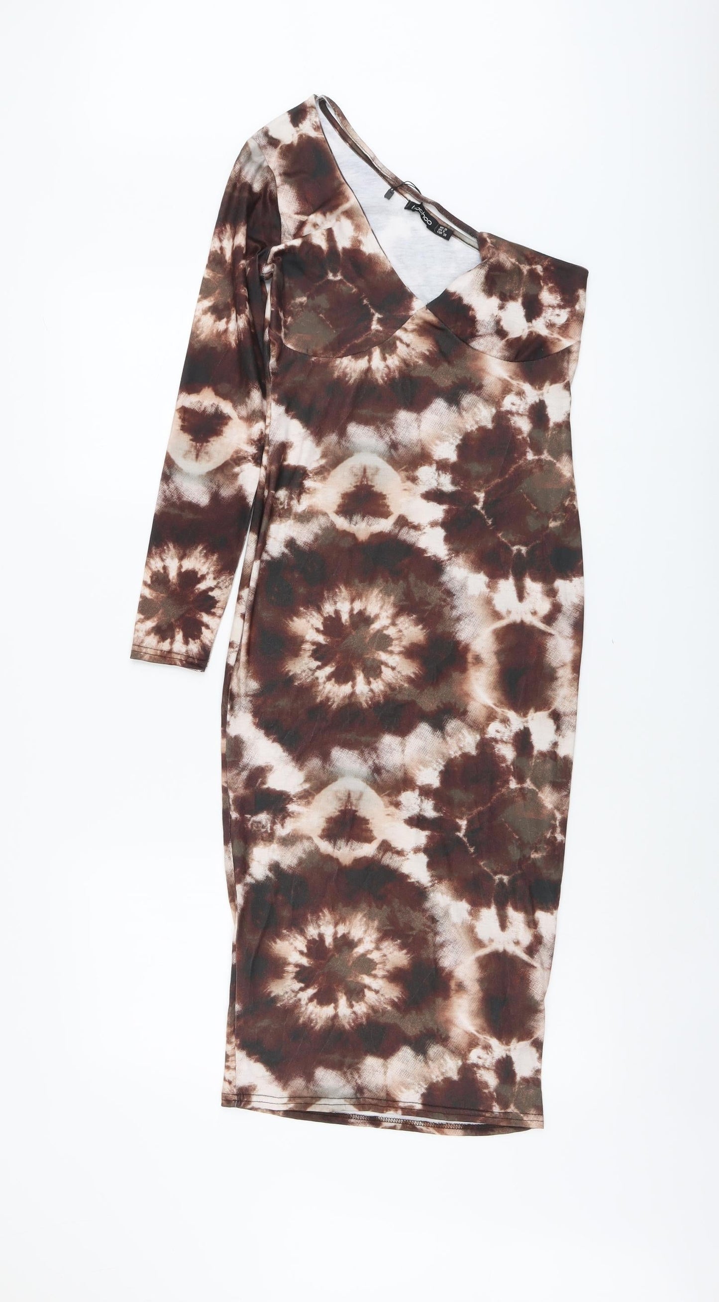 Boohoo Womens Brown Geometric Polyester Bodycon Size 10 One Shoulder Pullover - Tie Dye