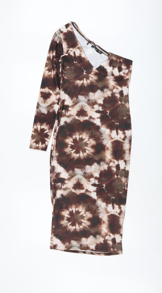 Boohoo Womens Brown Geometric Polyester Bodycon Size 10 One Shoulder Pullover - Tie Dye