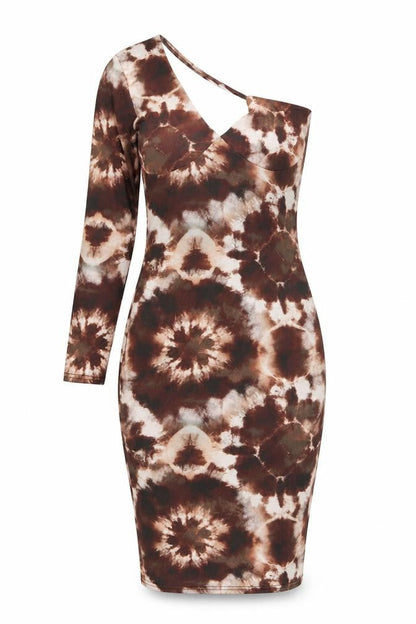 Boohoo Womens Brown Geometric Polyester Bodycon Size 10 One Shoulder Pullover - Tie Dye