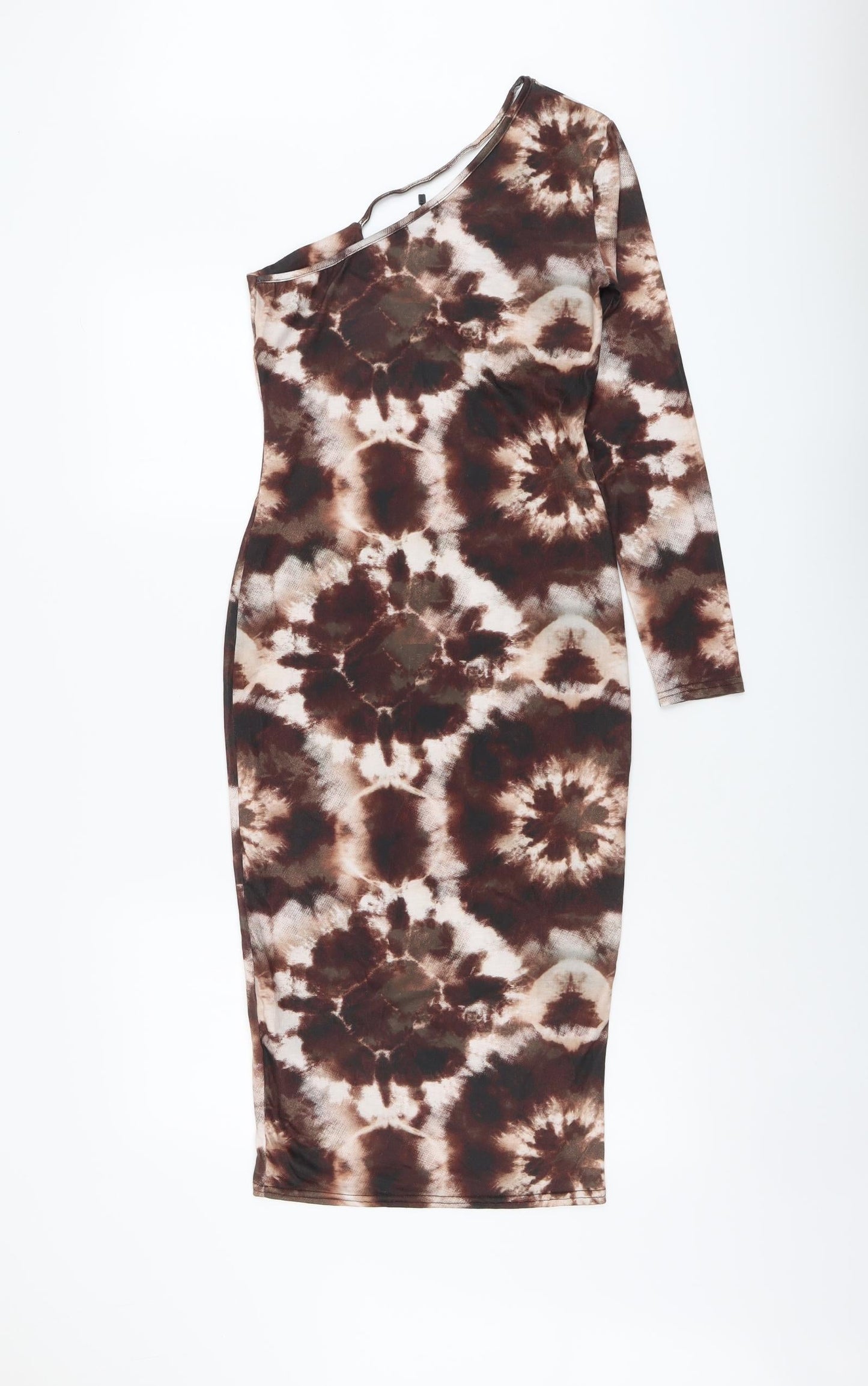 Boohoo Womens Brown Geometric Polyester Bodycon Size 10 One Shoulder Pullover - Tie Dye