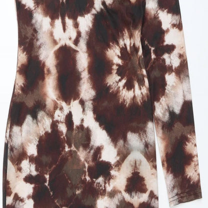 Boohoo Womens Brown Geometric Polyester Bodycon Size 10 One Shoulder Pullover - Tie Dye