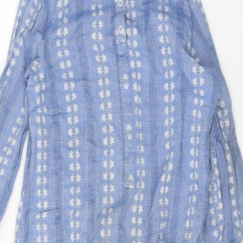 Arelia Womens Blue Geometric 100% Cotton A-Line Size S Roll Neck Button