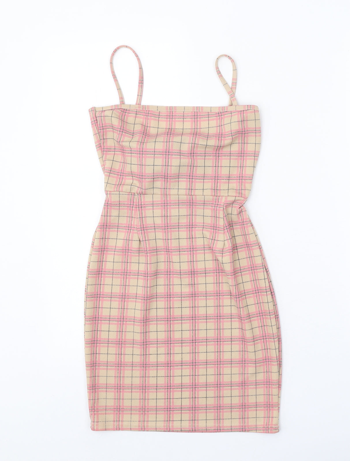 Daisy Street Womens Beige Plaid Polyester Bodycon Size 6 Square Neck Tie