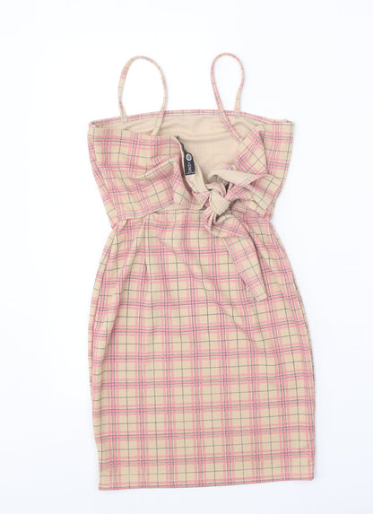 Daisy Street Womens Beige Plaid Polyester Bodycon Size 6 Square Neck Tie