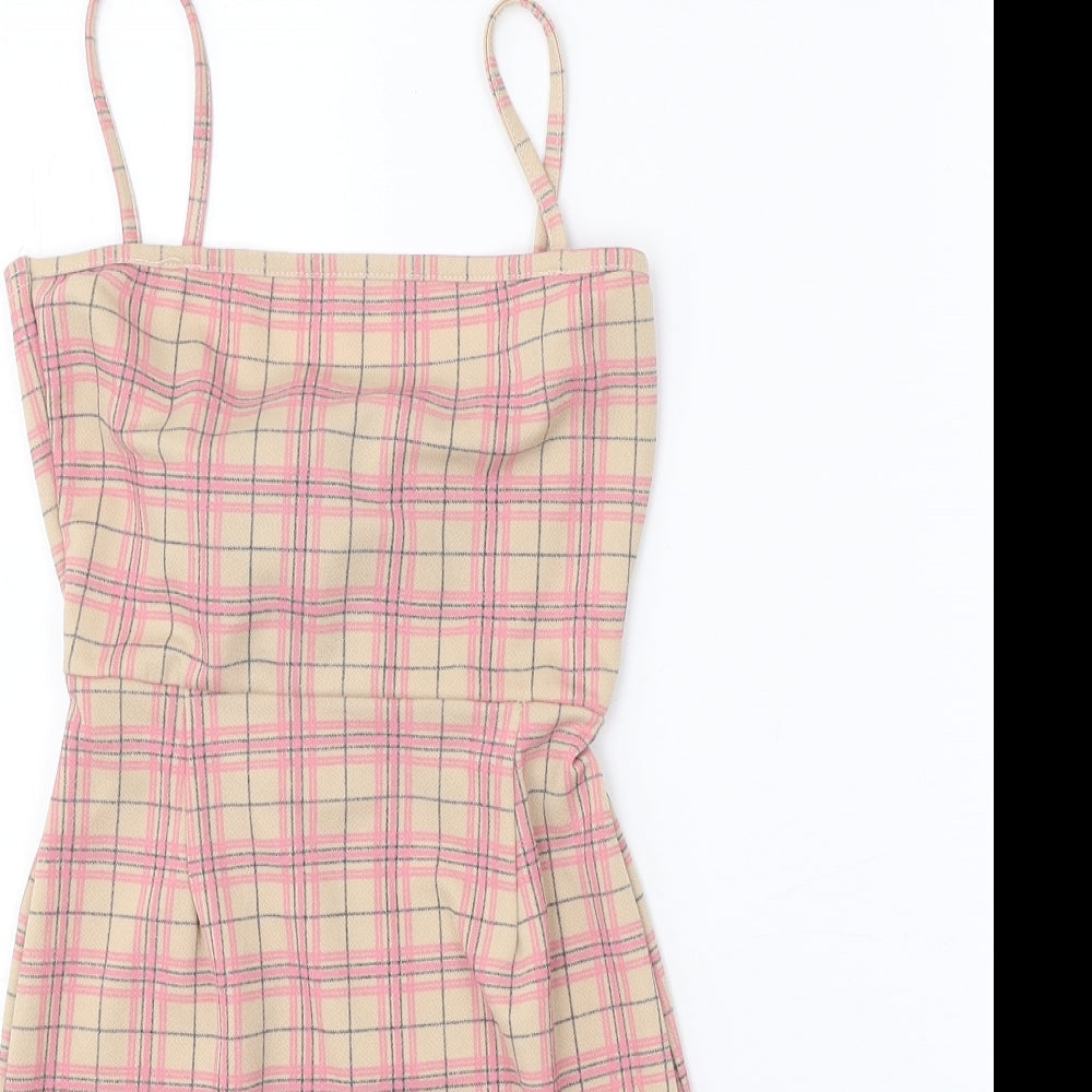 Daisy Street Womens Beige Plaid Polyester Bodycon Size 6 Square Neck Tie