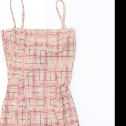 Daisy Street Womens Beige Plaid Polyester Bodycon Size 6 Square Neck Tie