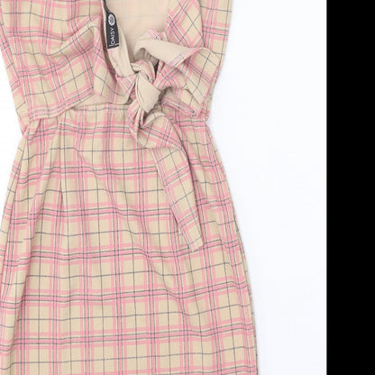 Daisy Street Womens Beige Plaid Polyester Bodycon Size 6 Square Neck Tie