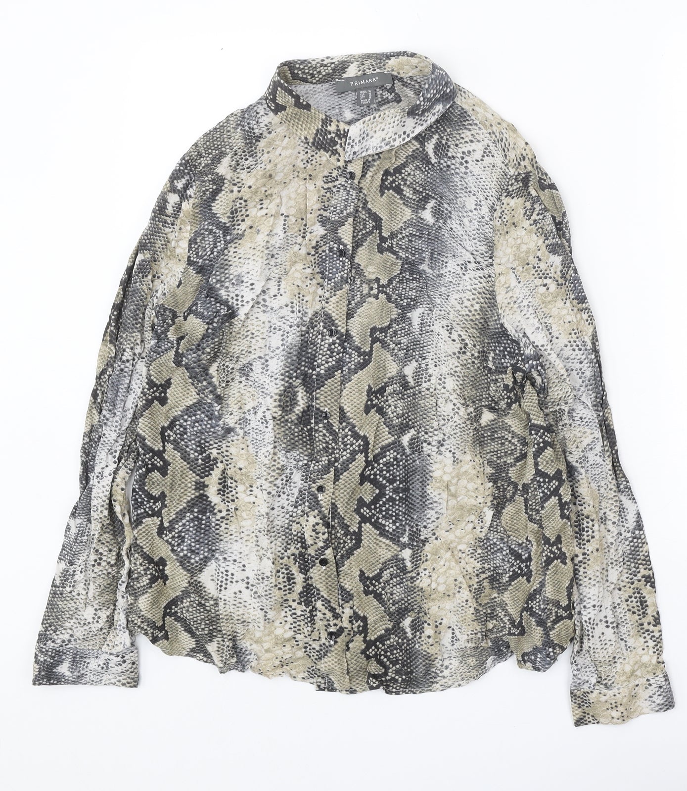 Primark Womens Beige Animal Print Viscose Basic Button-Up Size 14 Collared - Snake Print