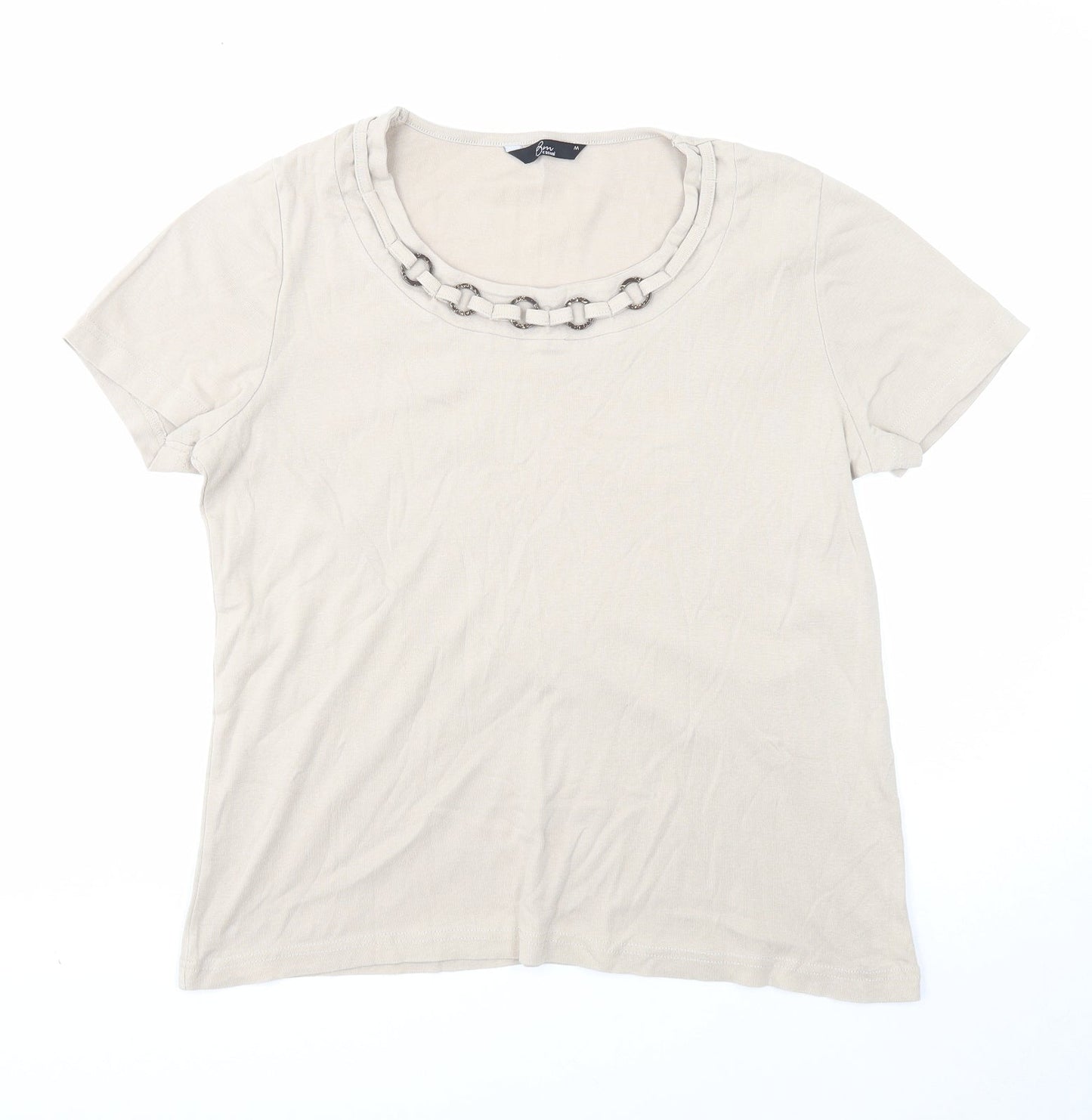 Bonmarché Womens Beige Cotton Basic T-Shirt Size M Scoop Neck