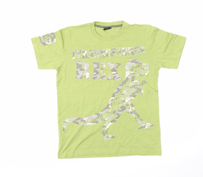 Next Boys Green Cotton Basic T-Shirt Size 11 Years Round Neck Pullover - Dinosaur
