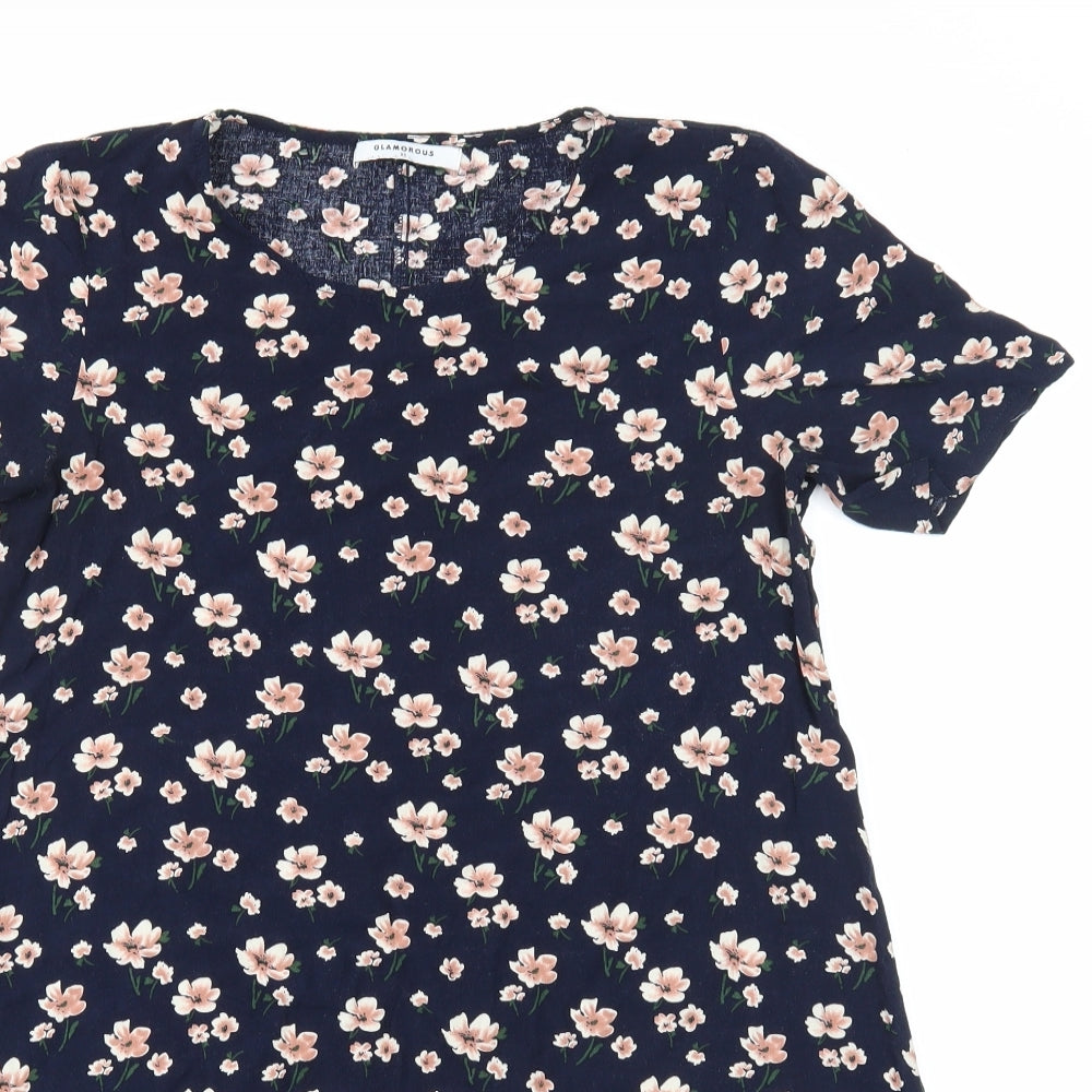 Glamarous Womens Blue Floral Polyester Tunic T-Shirt Size XS Round Neck