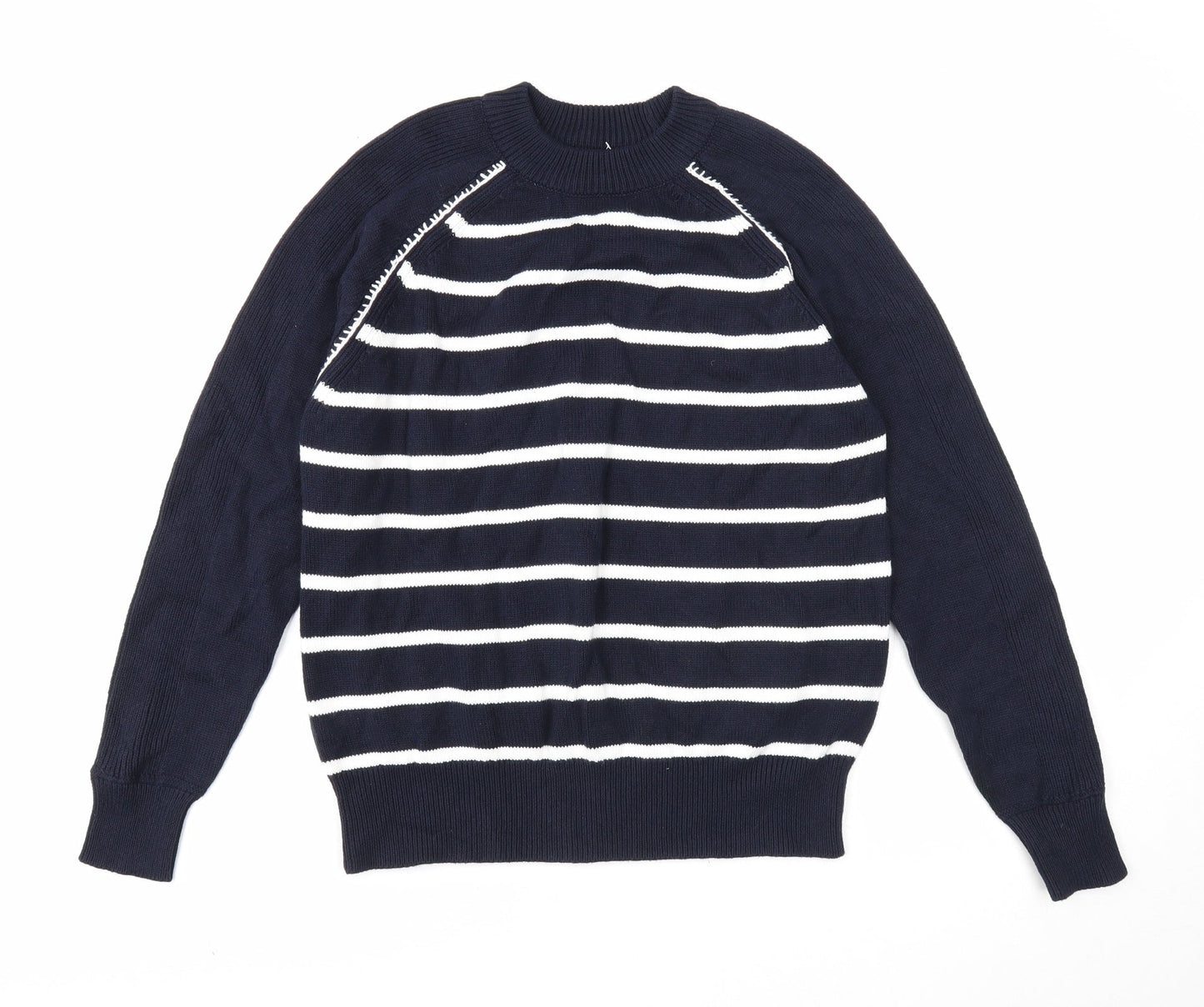 Marks and Spencer Mens Blue Round Neck Striped Cotton Pullover Jumper Size S Long Sleeve