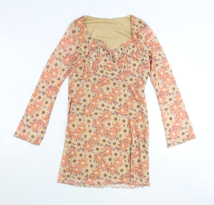 Primark Womens Orange Floral Polyester Mini Size 12 Scoop Neck Pullover
