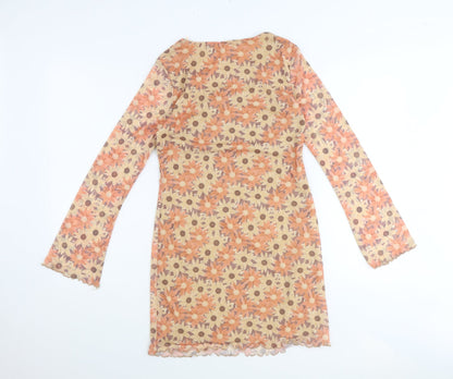 Primark Womens Orange Floral Polyester Mini Size 12 Scoop Neck Pullover