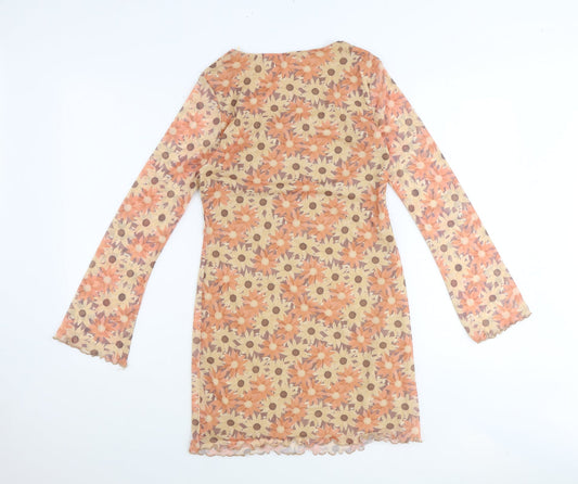 Primark Womens Orange Floral Polyester Mini Size 12 Scoop Neck Pullover