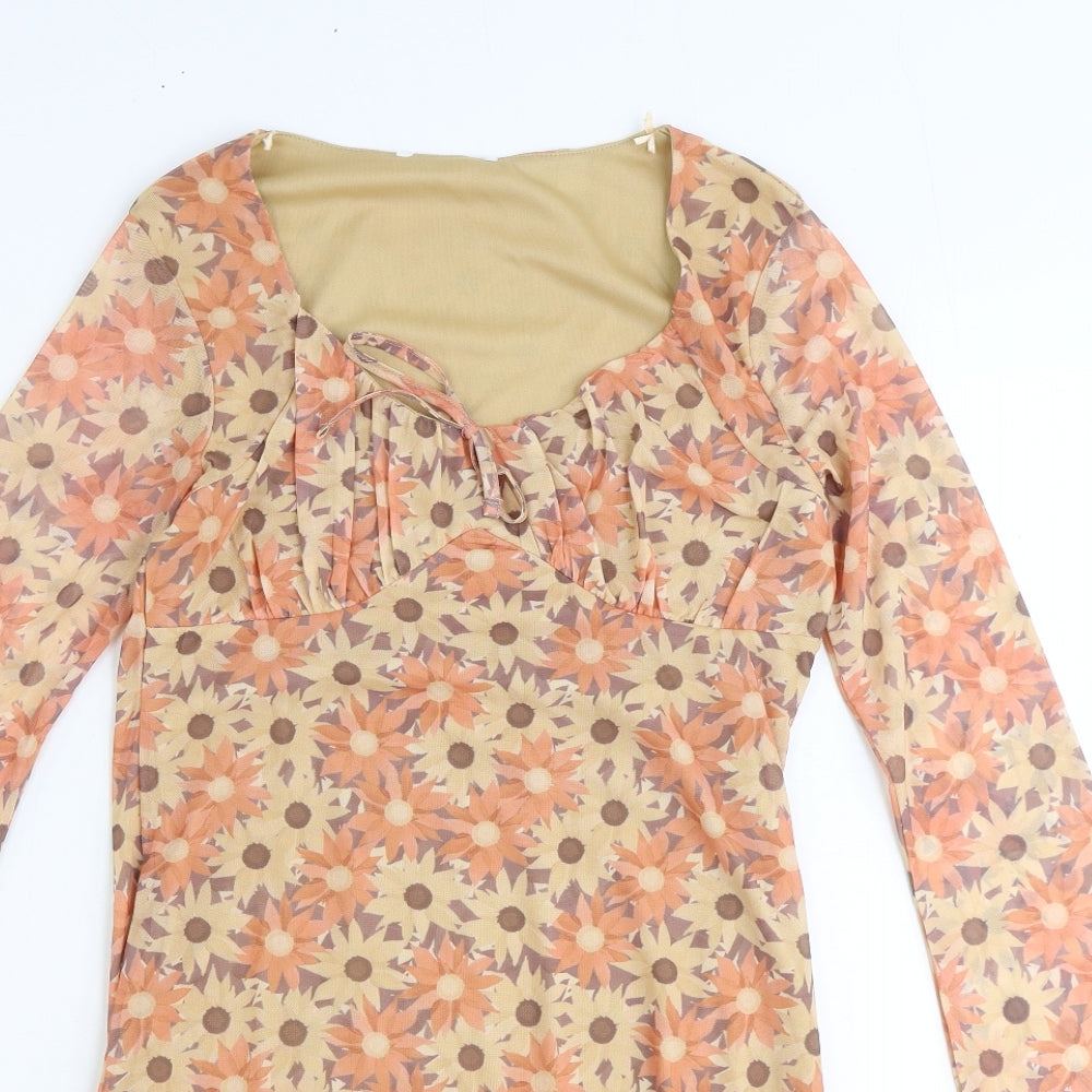 Primark Womens Orange Floral Polyester Mini Size 12 Scoop Neck Pullover