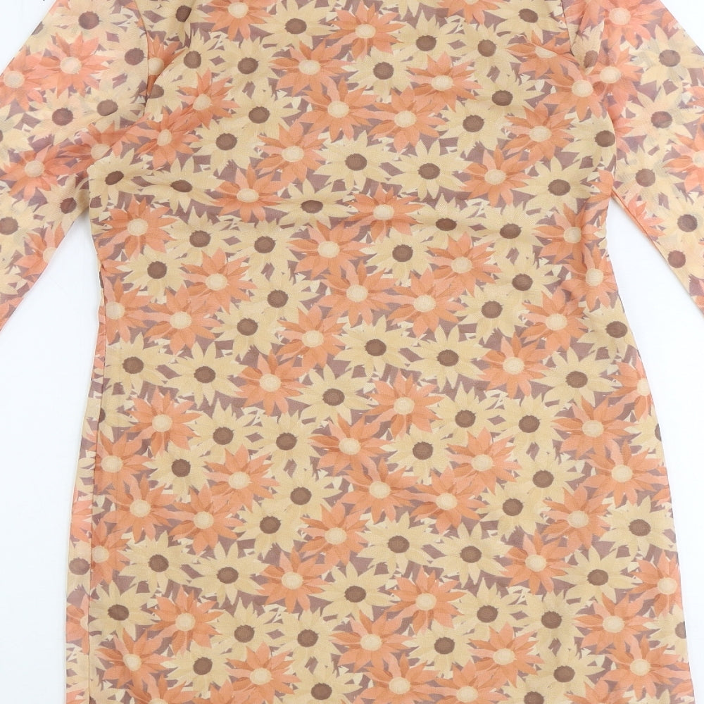 Primark Womens Orange Floral Polyester Mini Size 12 Scoop Neck Pullover
