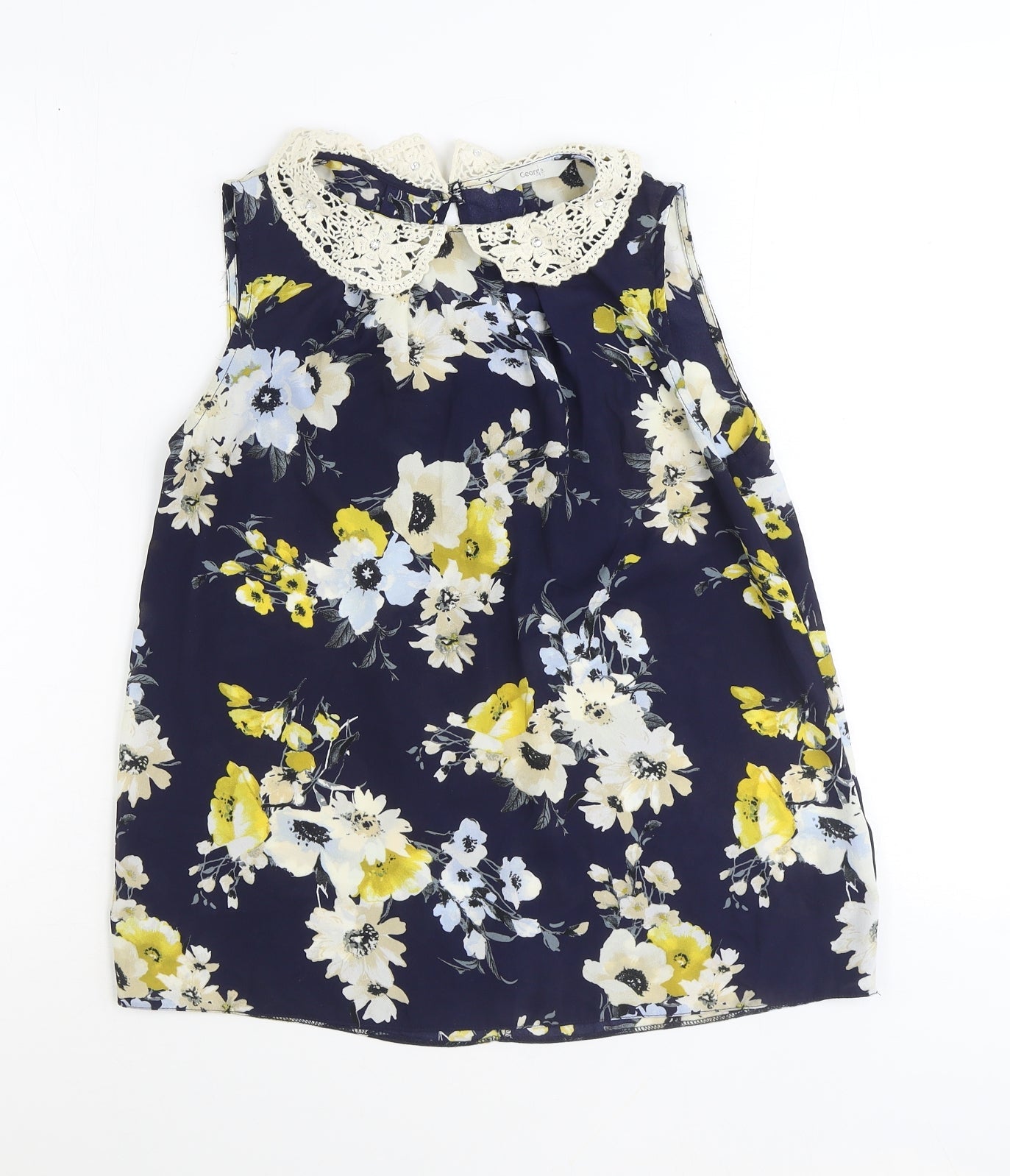 George Womens Blue Floral Polyester Basic Blouse Size 8 Collared - Crochet Peter Pan Collar