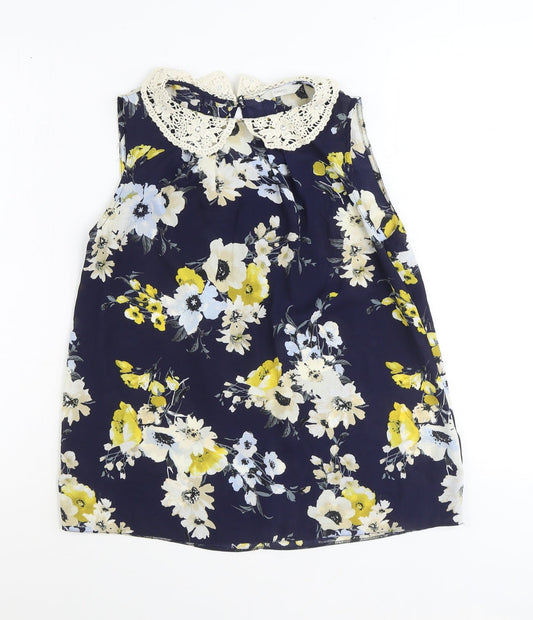 George Womens Blue Floral Polyester Basic Blouse Size 8 Collared - Crochet Peter Pan Collar