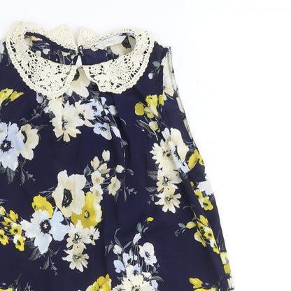 George Womens Blue Floral Polyester Basic Blouse Size 8 Collared - Crochet Peter Pan Collar