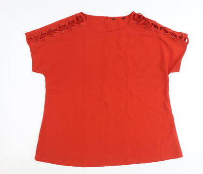 Avon Womens Red Polyester Basic T-Shirt Size 14 Scoop Neck - Lace Up Sleeve Detail