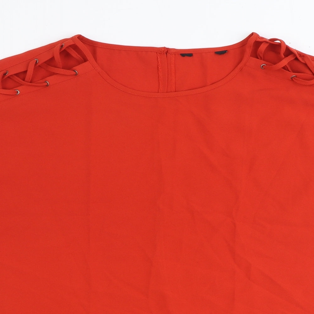 Avon Womens Red Polyester Basic T-Shirt Size 14 Scoop Neck - Lace Up Sleeve Detail