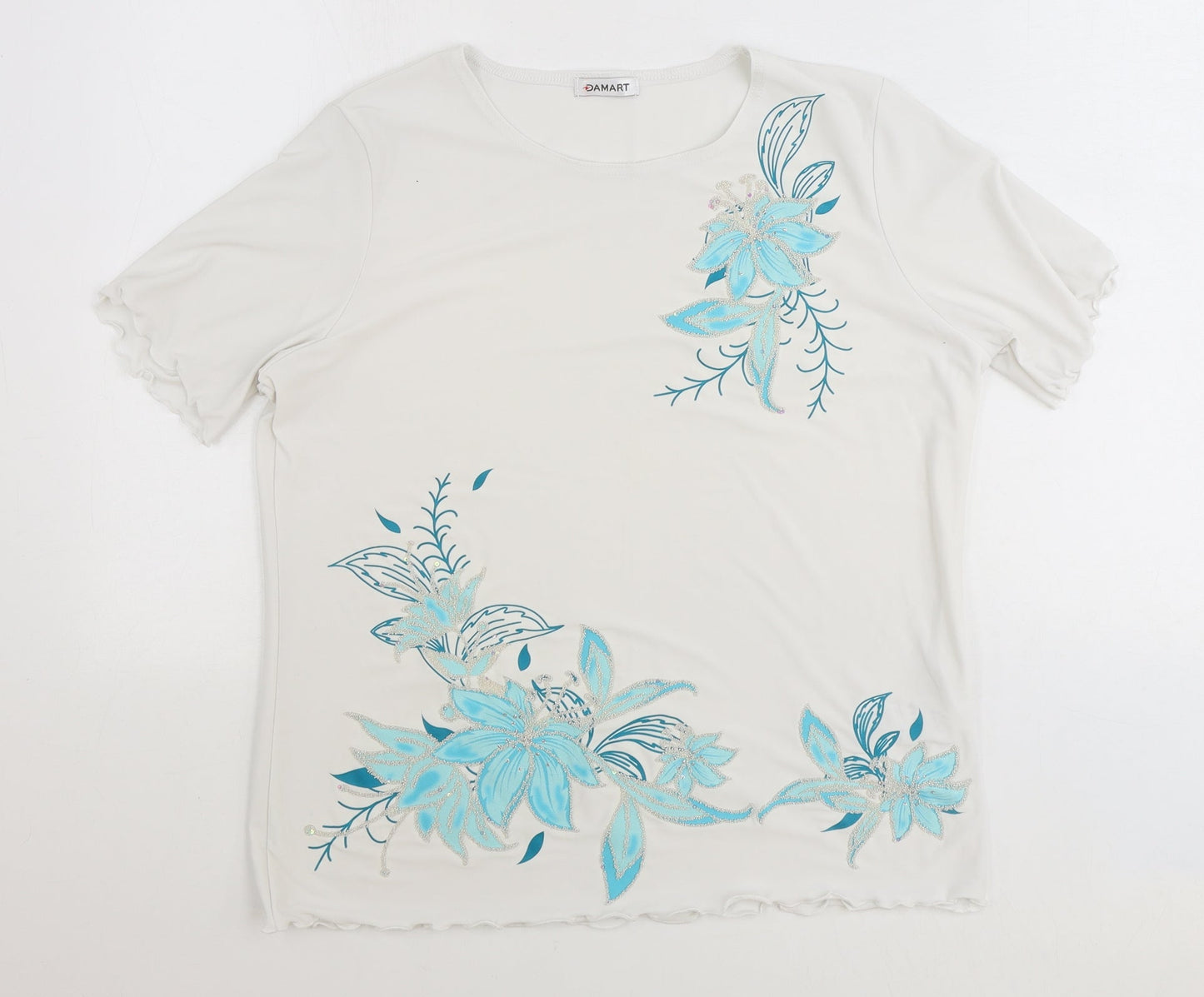 Damart Womens White Polyester Basic T-Shirt Size 14 Round Neck - Flower