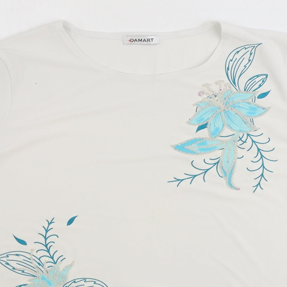 Damart Womens White Polyester Basic T-Shirt Size 14 Round Neck - Flower