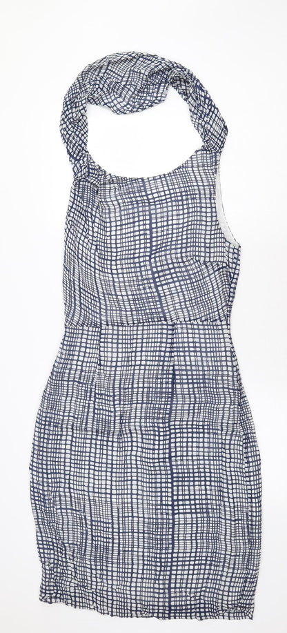 Great Plains Womens Blue Geometric Polyester Pencil Dress Size L Halter Zip