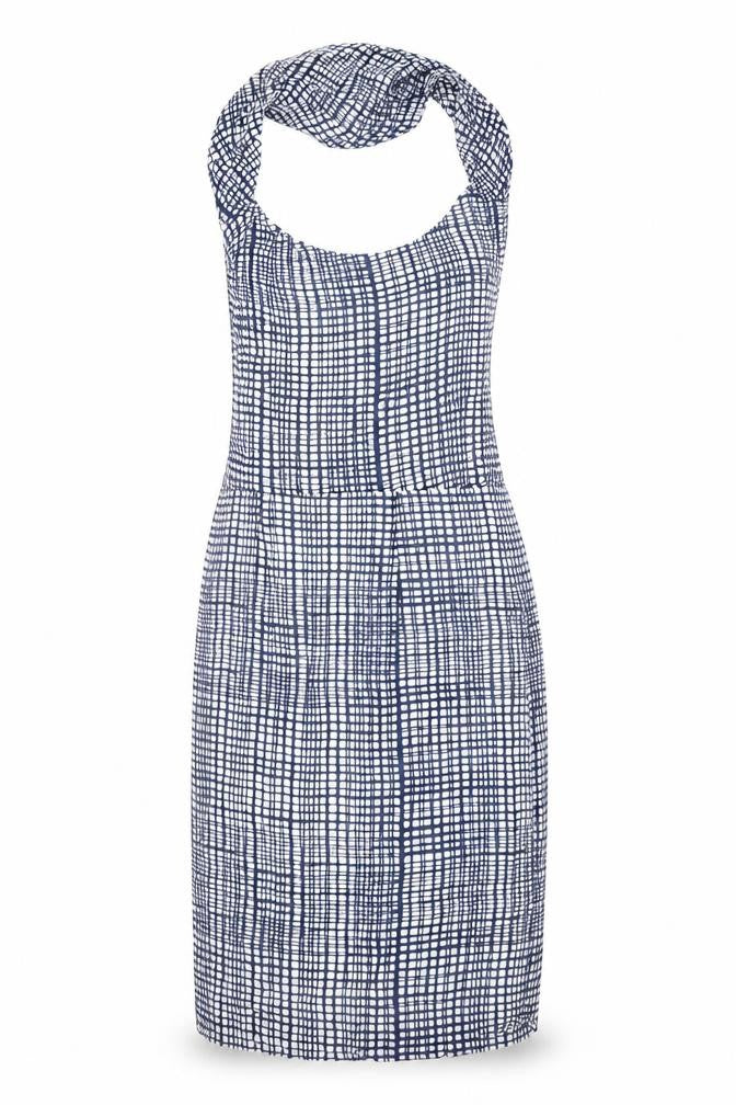 Great Plains Womens Blue Geometric Polyester Pencil Dress Size L Halter Zip