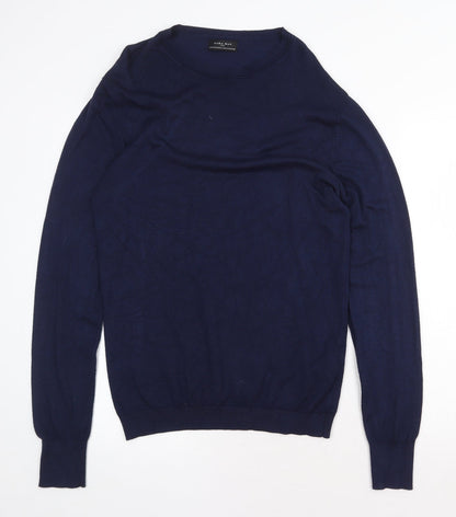 Zara Mens Blue Round Neck Viscose Pullover Jumper Size M Long Sleeve