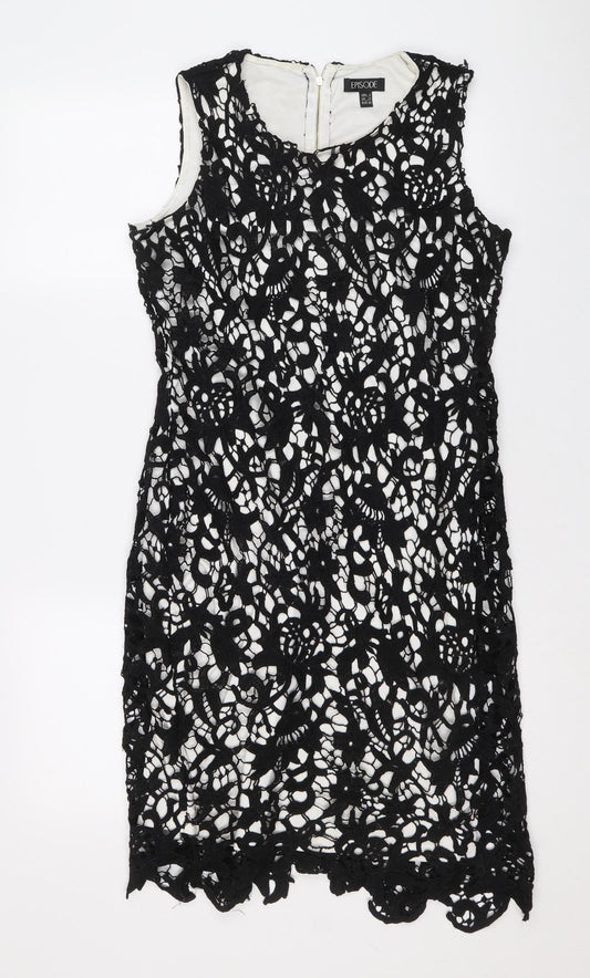 Episode Womens Black Geometric Polyester Sheath Size 10 Scoop Neck Zip