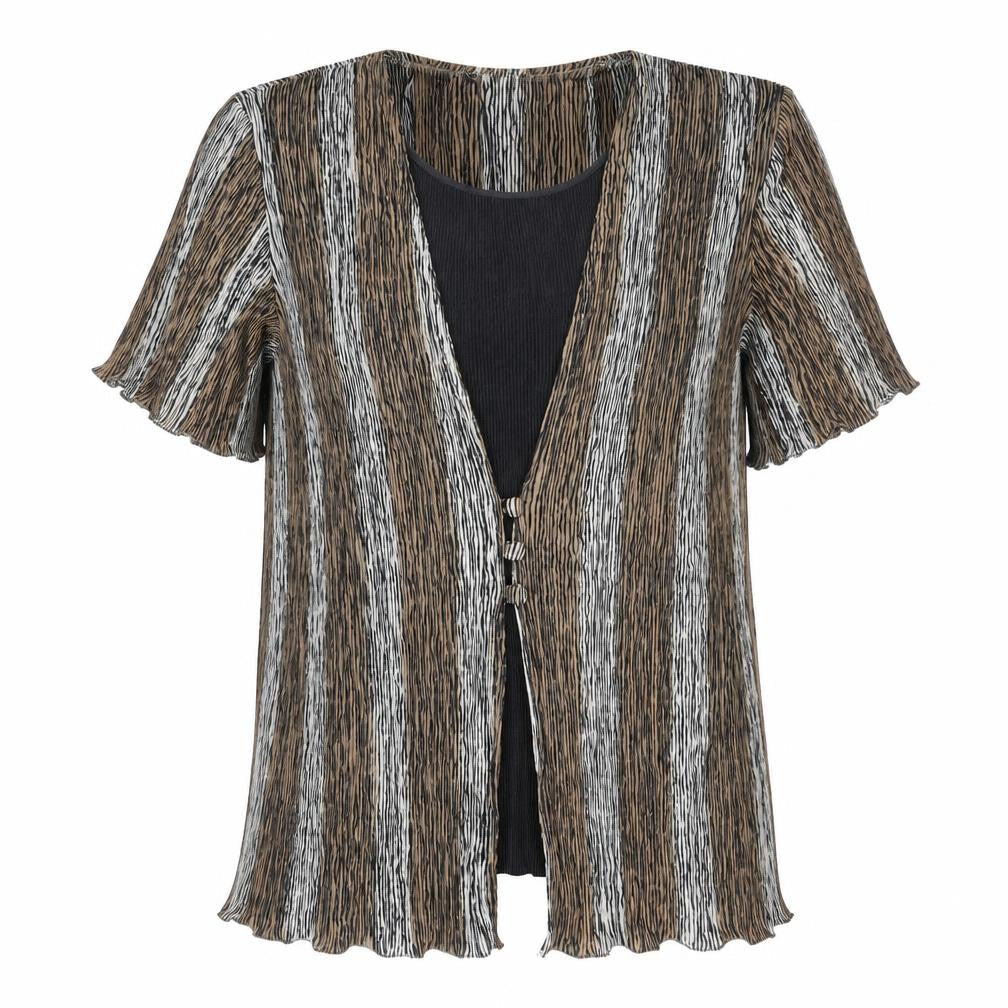 CANDA Womens Brown Striped Polyester Basic Blouse Size 14 Round Neck