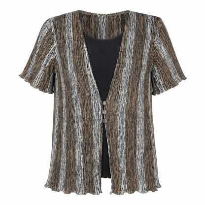 CANDA Womens Brown Striped Polyester Basic Blouse Size 14 Round Neck