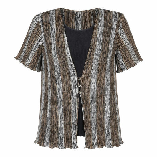 CANDA Womens Brown Striped Polyester Basic Blouse Size 14 Round Neck