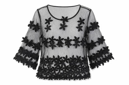 Lily McBee Womens Black Floral Polyester Basic Blouse Size S Round Neck